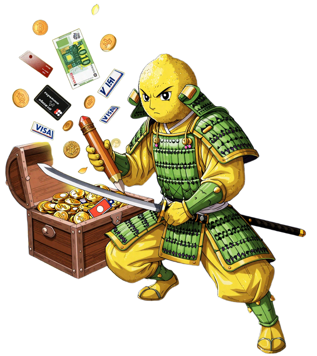 Samurai-Lemon bewacht Schatztruhe mit Paysafecard, Krypto und M&uuml;nzen im Lemon Casino Online