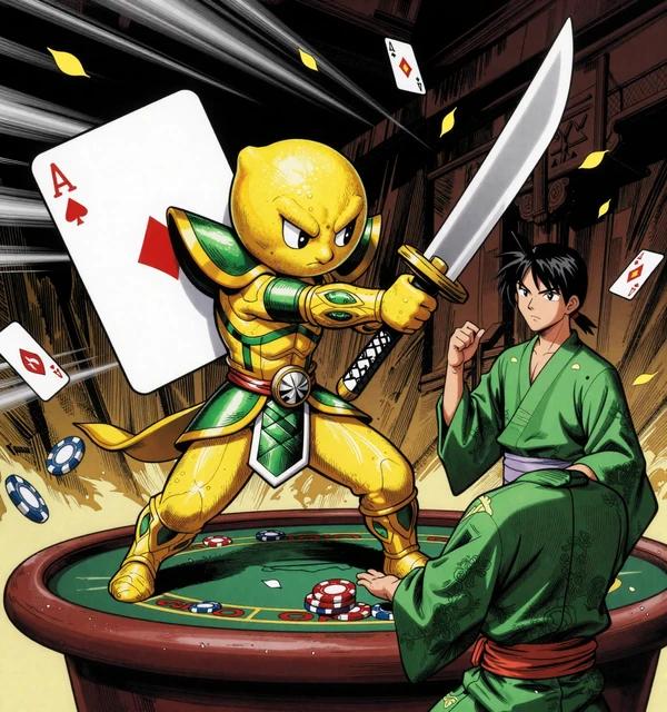 Lemon-Samurai duelliert sich am Live-Blackjack-Tisch gegen Dealer in gr&uuml;nem Kimono bei Lemon Casino